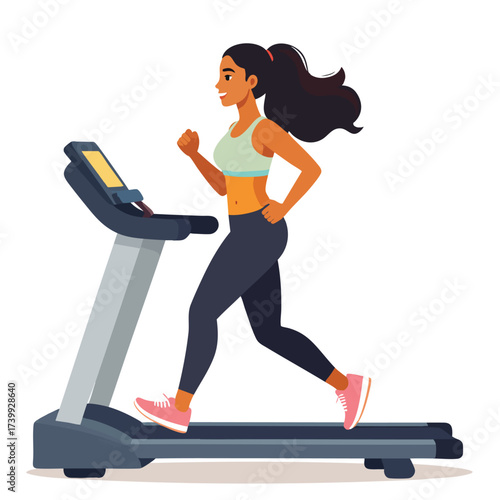 Woman running on a treadmill, exercising and staying fit. She is smiling and appears motivated.