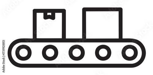 Black outline icon of a conveyor belt with two boxes, one labeled with a tag, depicting industrial automation concepts.