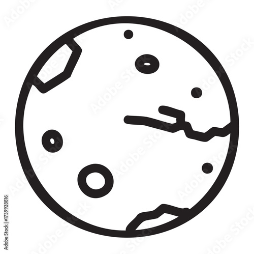 Black outline icon of a simple planet with circular craters and irregular surface features.