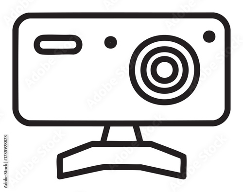 Black outline icon of a simplistic webcam, featuring a circular lens and a stand, suitable for communication and technology themes.