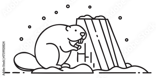 Simple black outline of a beaver gnawing on a wooden log, surrounded by snowflakes in a minimalistic winter scene.