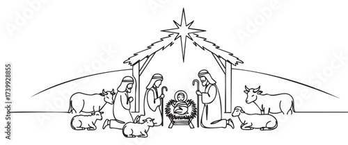 Black outline drawing of a traditional nativity scene featuring mary, joseph, and shepherds with baby jesus in a manger, surrounded by animals under a star.