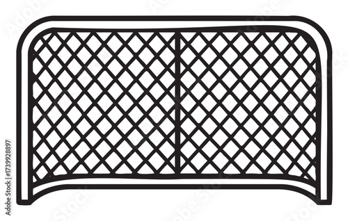 Black and outline drawing of a hockey goal with a net pattern, representing a simple sports equipment design.