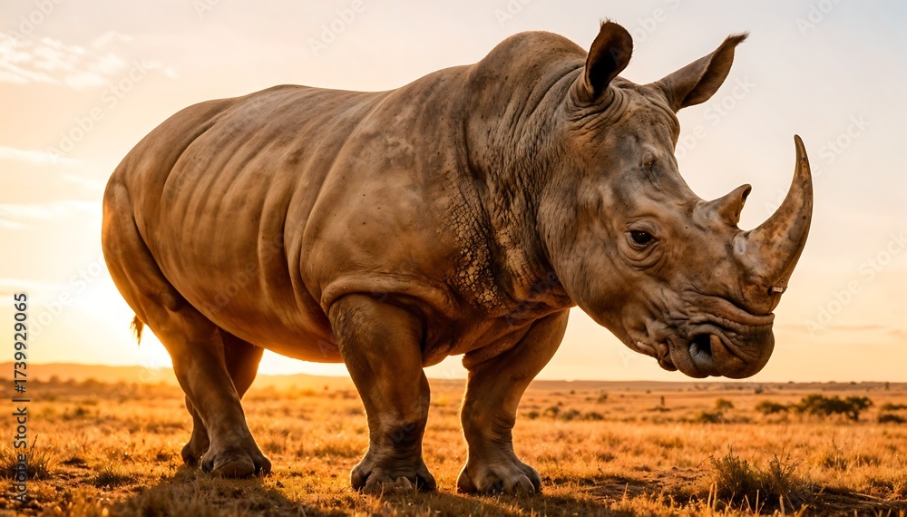 Obraz premium Rhino Standing in Golden Sunset Light on African Plain