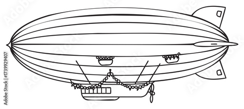 Black outline drawing of a vintage-style airship with intricate details of windows and ropes along its elongated hull.