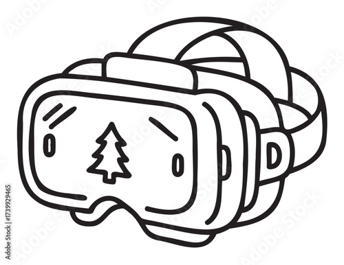 Black outline vector icon of virtual reality goggles with a tree symbol on the screen, illustrating technology and gaming themes.