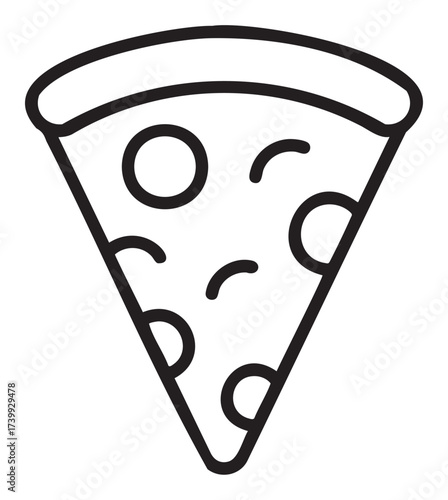Black outline icon of a simple pizza slice with round pepperoni pieces and a curved crust.