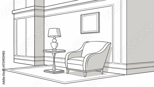 Illustration of a room corner with armchair lamp table and picture frame on a decorated wall space