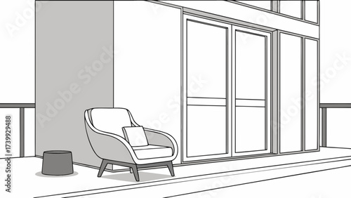 Chair and stool on a balcony with sliding glass doors and a neutral color scheme for a modern aesthetic