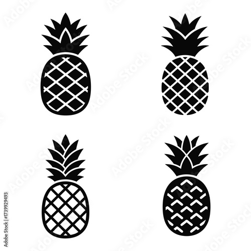 Four stylized pineapple icons simple tropical fruit designs ready for graphic projects and food themed content creation silhouette