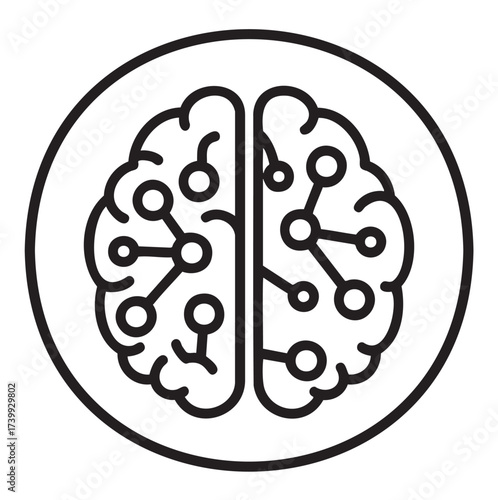 Black outlined icon of a stylized brain with digital circuit patterns, symbolizing artificial intelligence and technology.
