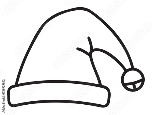 Black outline drawing of a simple santa hat with a fluffy pom-pom at the tip, commonly used in holiday decorations and festive attire.