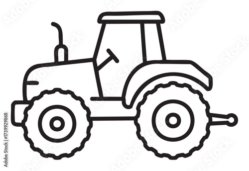 Black outline drawing of a simple four-wheel agricultural tractor with large tires and a cabin, ideal for farming and agriculture themes.