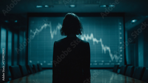 Businesswoman observing a financial graph in a dark boardroom.