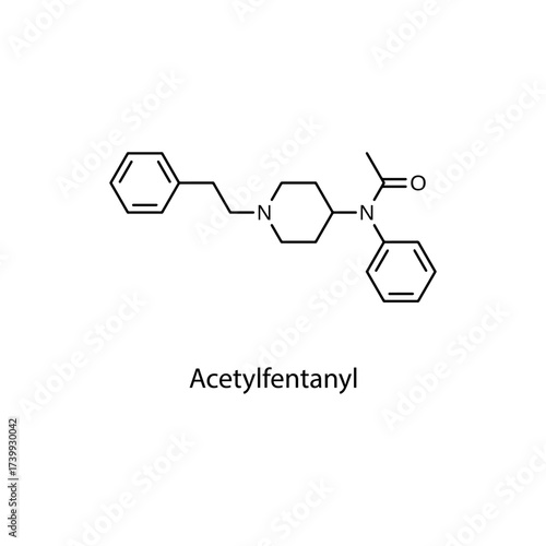 Acetylfentanyl molecular structure, potent synthetic opioid analgesic and illicit recreational drug linked to overdose, clean scientific vector diagram, flat skeletal chemical formula isolated 