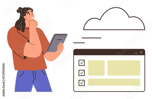Thoughtful person holds a tablet while viewing a cloud-connected checklist application. Ideal for task management, organization, productivity, technology, cloud computing, efficiency, simple flat