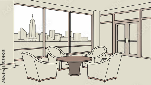 Interior view of a waiting area with a round table and four chairs overlooking a cityscape through windows