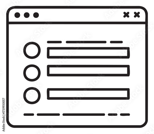 Black outline icon of a simple list interface with circles and lines. minimal linear illustration for user experience and design concepts.