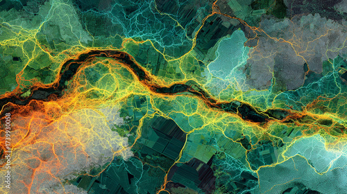 Abstract aerial view of a river flowing through a vibrant landscape.