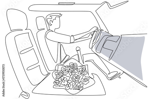 Continuous one line drawing a man driving car with bouquet of roses next to him. Bringing simple, meaningful surprises. Wedding anniversary. Rose Festival. Single line draw design vector illustration