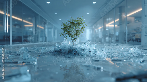 A vibrant tree grows amidst shattered glass in a modern architectural space.