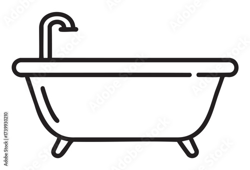 Simple black outline of a traditional clawfoot bathtub with a curved faucet, illustrating classic bathroom design elements.