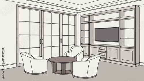 Drawing of a living room with chairs, table, tv and shelving unit with a large window behind it