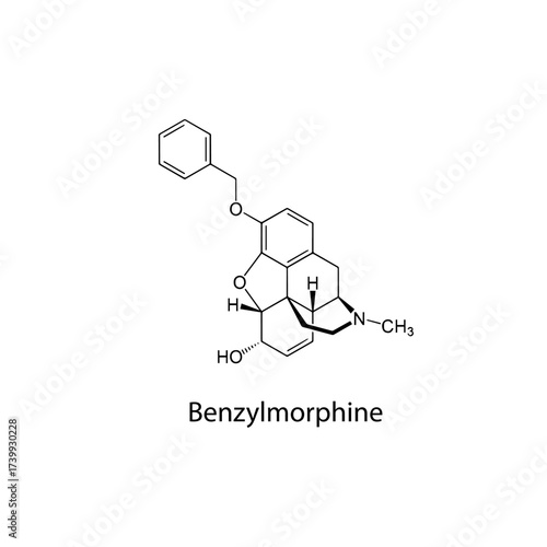 Benzylmorphine molecular structure, semi-synthetic opioid analgesic and antitussive historical pharmaceutical compound, clean scientific vector diagram, flat skeletal chemical formula isolated 