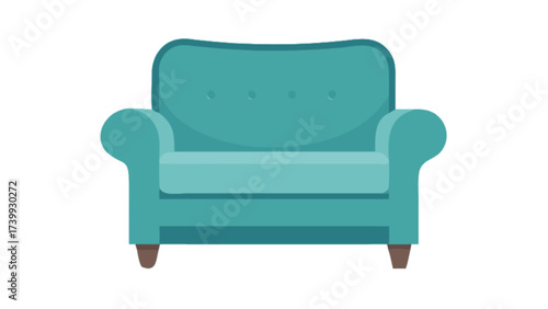 Illustration of a teal armchair with rounded arms and a cushioned back and seat on a white background