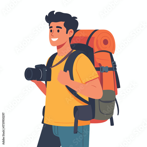 A smiling young man with a large backpack and camera, ready for adventure.