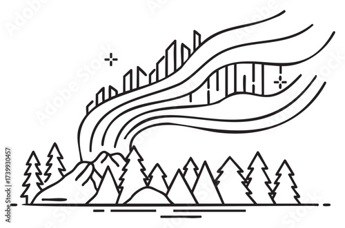 Black outline vector icon depicting the northern lights over a forest with mountains and trees, featuring a linear style for nature and travel concepts.