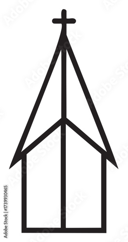 Black outline vector icon of a simple triangular church with a cross on top, depicting religious architecture and community gathering.