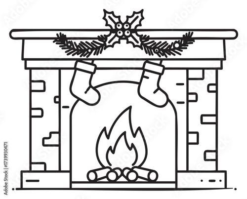 Black outline drawing of a brick fireplace with a burning fire, two hanging stockings, and pine garland decoration with holly leaves and berries.
