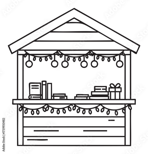 Black outline vector icon of a wooden market stall decorated with string lights and a variety of books and gifts.