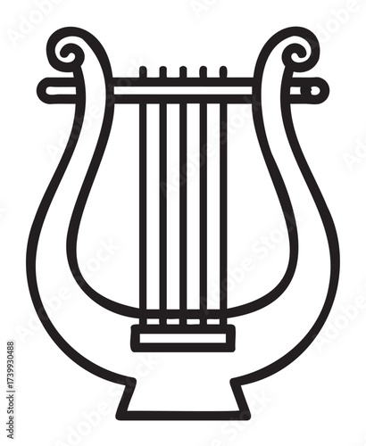 Black outline icon of a simple classical lyre with curved arms and six strings. minimal linear design representing music and ancient greek culture.