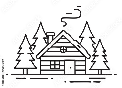 Simple black outline drawing of a cozy log cabin surrounded by pine trees, with smoke gently rising from its chimney.
