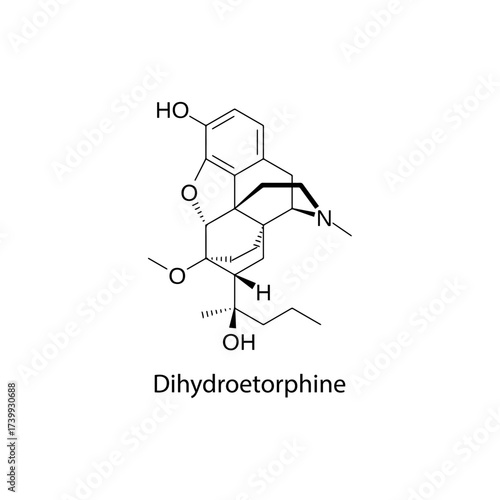 Dihydroetorphine molecular structure, ultra-potent semi-synthetic opioid analgesic drug used for severe pain, clean scientific vector diagram, flat skeletal chemical formula isolated 
