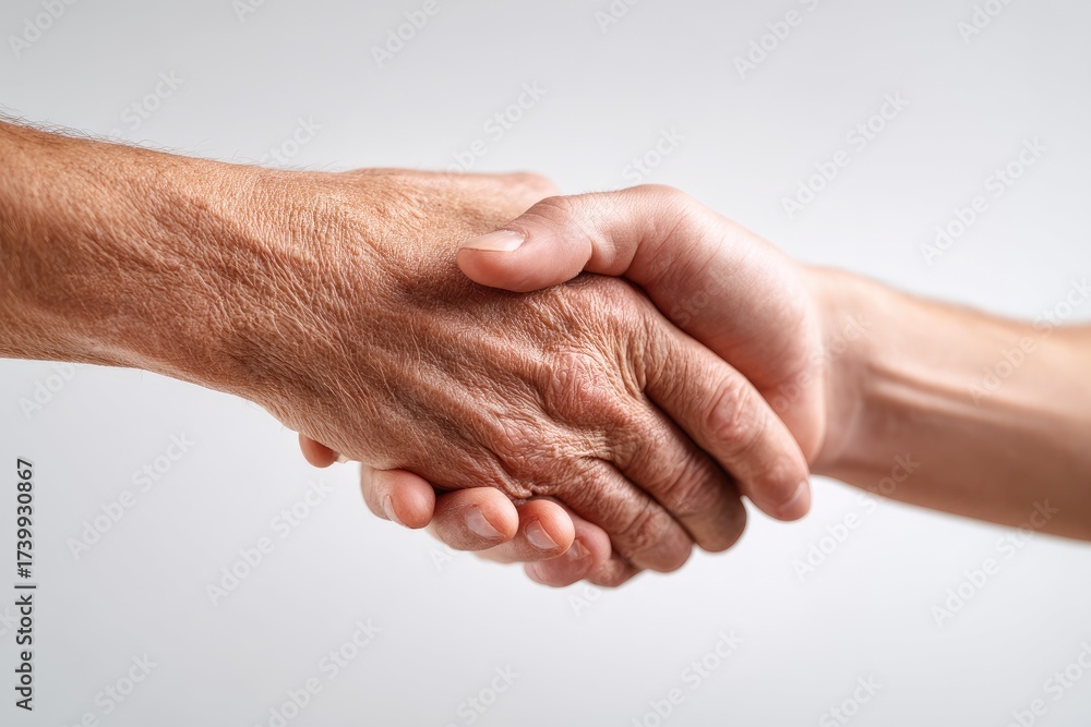 Fototapeta premium A close-up of two hands clasped in a handshake, one aged and one younger, over white