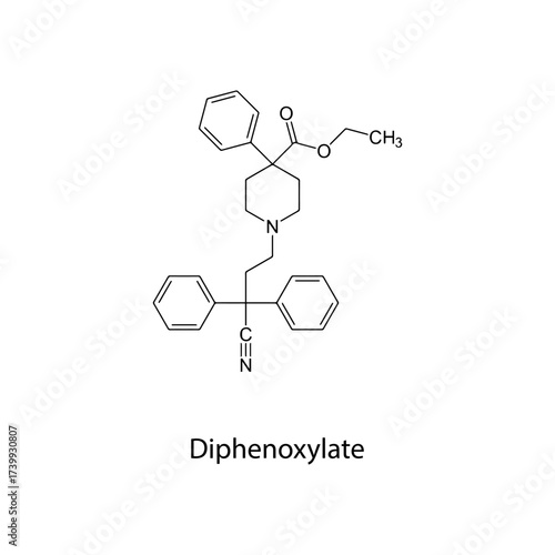 Diphenoxylate molecular structure, opioid antidiarrheal drug commonly used with atropine for diarrhea treatment, clean scientific vector diagram, flat skeletal chemical formula isolated 