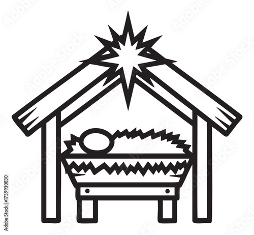 Black outline drawing of a traditional nativity scene with a manger, a star, and a simple structure above.