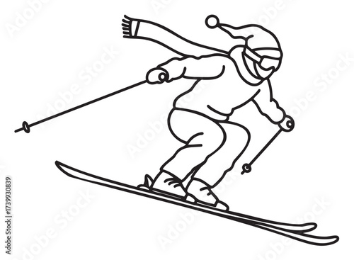 Black outline drawing of a skier in motion, wearing a winter hat and scarf, holding ski poles, and descending a slope.