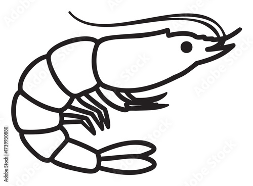 Black outline icon of a simple shrimp with segmented body and distinct antennae, ideal for seafood, culinary, or marine themes.