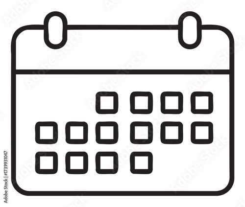 Black outline icon of a simple square calendar with spiral bindings and small squares representing days.