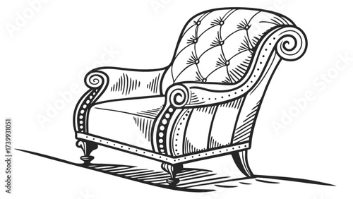 Illustration of a luxurious armchair with tufted upholstery and ornate detailing in black and white style