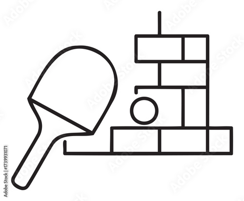 Black outline icon showing a table tennis paddle with a ball and geometric blocks, symbolizing recreation and construction.