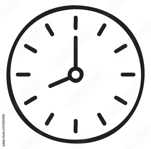 Black outline of a classic analog clock face showing the time at 3 o'clock, with simple hour and minute hands and minimalistic hour markers.