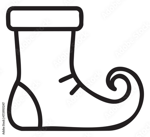 Black outline of a whimsical shoe with a curled toe, resembling a classic elf boot. minimalistic design suitable for holiday decorations and fantasy themes.