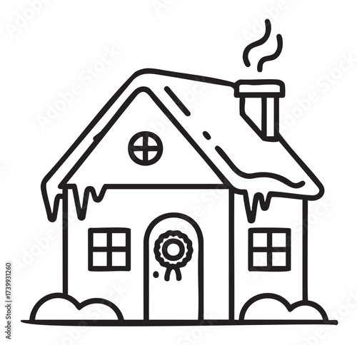 Black outline drawing of a cozy snow-covered house with a wreath on the door and smoke rising from the chimney, depicting a winter scene.