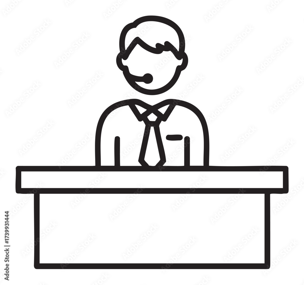 Fototapeta premium Black outline vector icon of a male call center operator wearing a headset behind a desk, suitable for customer service concepts.