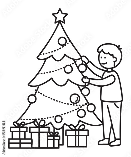 Young caucasian male decorating a christmas tree with ornaments, surrounded by several wrapped gifts at the base of the tree.